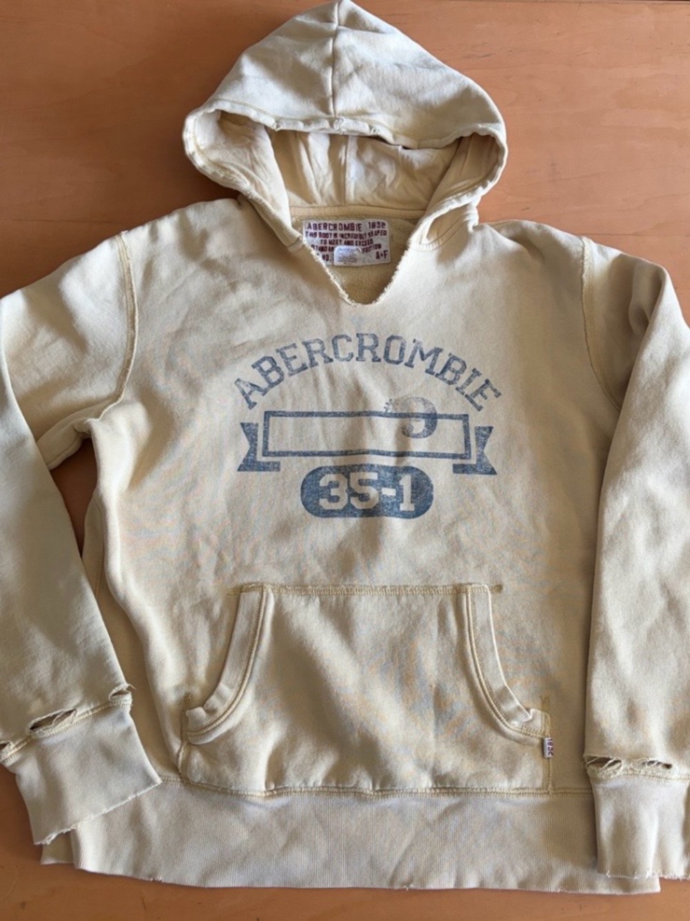 Y2K Vintage Abercrombie Pale Yellow/Tan Hooded Sweatshirt w/Logo, distressed